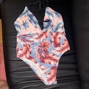 VS Pink Tropical Leaf Halter One-Piece Swimsuit - Pink & Blue